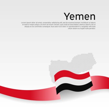 Yemen bayrağı, beyaz arka planda mozaik harita. Yemeni bayrağıyla dalgalı kurdele. Vektör pankartı tasarımı, Yemen Ulusal posteri. İş kitapçığı için kapak. Vatansever, broşür, broşür.