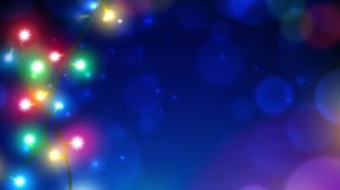 Animasyon renkli Noel ışıkları. Mutlu Noeller yeni yıl tebrik kartı. Mavi arka planda parlayan ışıklar. Parlayan Xmas çelengi. Bayram Xmas parti afişi tasarımı. Kusursuz döngü