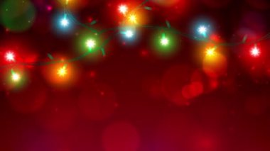 Animasyon renkli Noel ışıkları. Mutlu Noeller yeni yıl tebrik kartı. Kırmızı arka planda parlayan ışıklar. Parlayan Xmas çelengi. Bayram Xmas parti afişi tasarımı. Kusursuz döngü