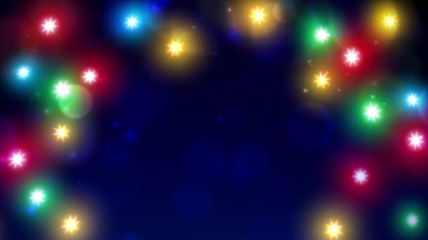 五彩缤纷的圣诞节彩灯 圣诞快乐 新年快乐 在蓝色背景上发光 光彩夺目的圣诞花环圣诞节派对的横幅设计 无缝圈 — 图库视频影像