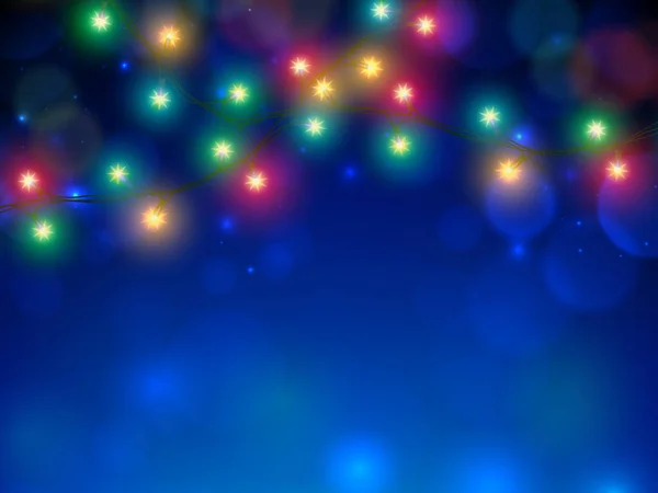 Gloeilampen Blauwe Achtergrond Vintage Wenskaart Vrolijk Kerstfeest Gelukkig Nieuwjaar Kleurrijke — Stockfoto