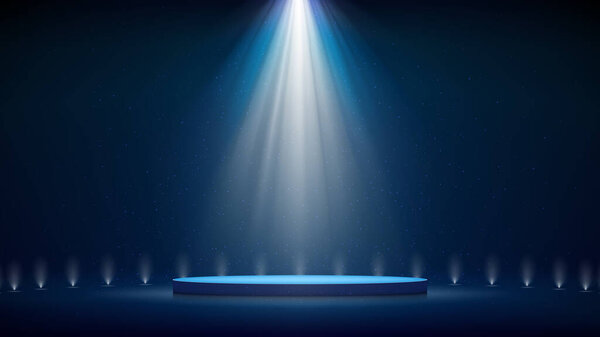 Фон прожектора. Иллюминированный подиум голубой сцены. Предпосылки для отображения продукции. Яркие лучи прожекторов, мерцающие блестящие частицы, пятно света. Векторная иллюстрация