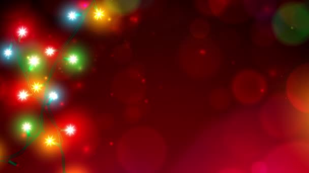 カラフルなクリスマスライトをアニメーション メリークリスマスお正月のグリーティングカード 赤い背景に光るライト エクスマス ガーランドを育てる ホリデークリスマスパーティーのバナーデザイン シームレスなループ — ストック動画