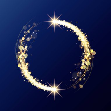 Altın parçacık yuvarlak çerçevede parlıyor. Altın yüzük. Mavi arkaplandaki metin için telif uzayı ile parlayan daire sınırı. Dairesel parlayan parlayan girdap. Işık etkisi. Vektör tasarım ögesi, illüstrasyon