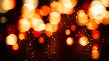 Altın parıltılı parçacıklarla dolu lüks bir arka plan. Sihirli ışıkla düşen altın konfetileri. Güzel, ışıl ışıl bir arka plan. Karanlıkta parlayan ışık etkisi. Parti davet kartı şablonu