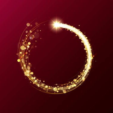 Golden particle shining round frame. Golden ring. Glowing circle border with copyspace for text on red background. Light effect. Circular shining sparkling vortex. Vector design element, illustration