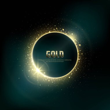 Koyu yeşil arkaplanda parlak parçacıklardan oluşan altın bir halka. Parlak altın çerçeve, yazı için yer. Davetiye vektör arka planı. Çerçevenin etrafından. Lens karanlıkta parlıyor. Kart Partisi Davetiyesi