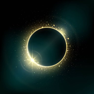 Koyu yeşil arkaplanda parlak parçacıklardan oluşan altın bir halka. Parlak altın çerçeve, yazı için yer. Davetiye vektör arka planı. Çerçevenin etrafından. Lens karanlıkta parlıyor. Kart Partisi Davetiyesi