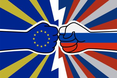 AB ve Rusya 'nın soğuk savaşı. AB bayrak yumruğu Rus bayrağına karşı. Avrupa Birliği yaptırımları. Avrupa Rus askeri çatışması. Web afişi için vektör düzlüğü simgesi, gönderimler