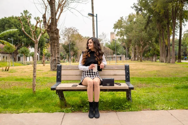 Pensive Happy Woman Remembering Looking Side Sitting Park Bench She — Stock Photo, Image