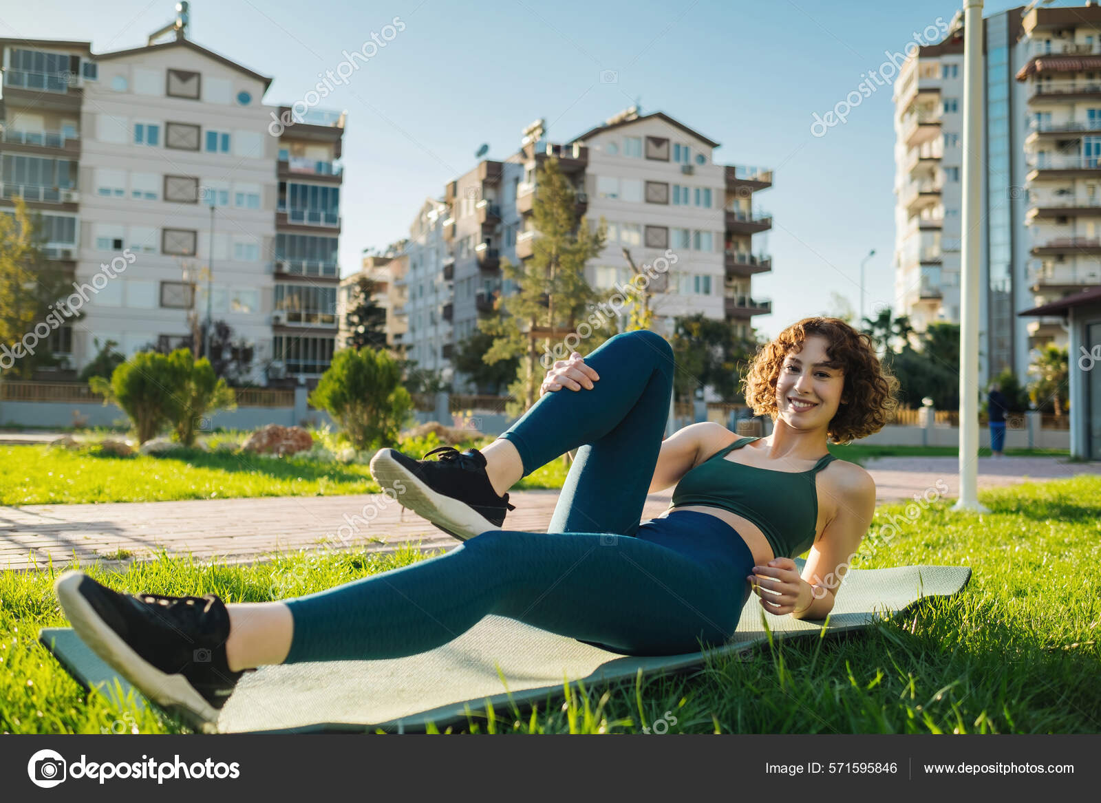 Young Happy Redhead Woman Wearing Green Sports Bra Blue Yoga