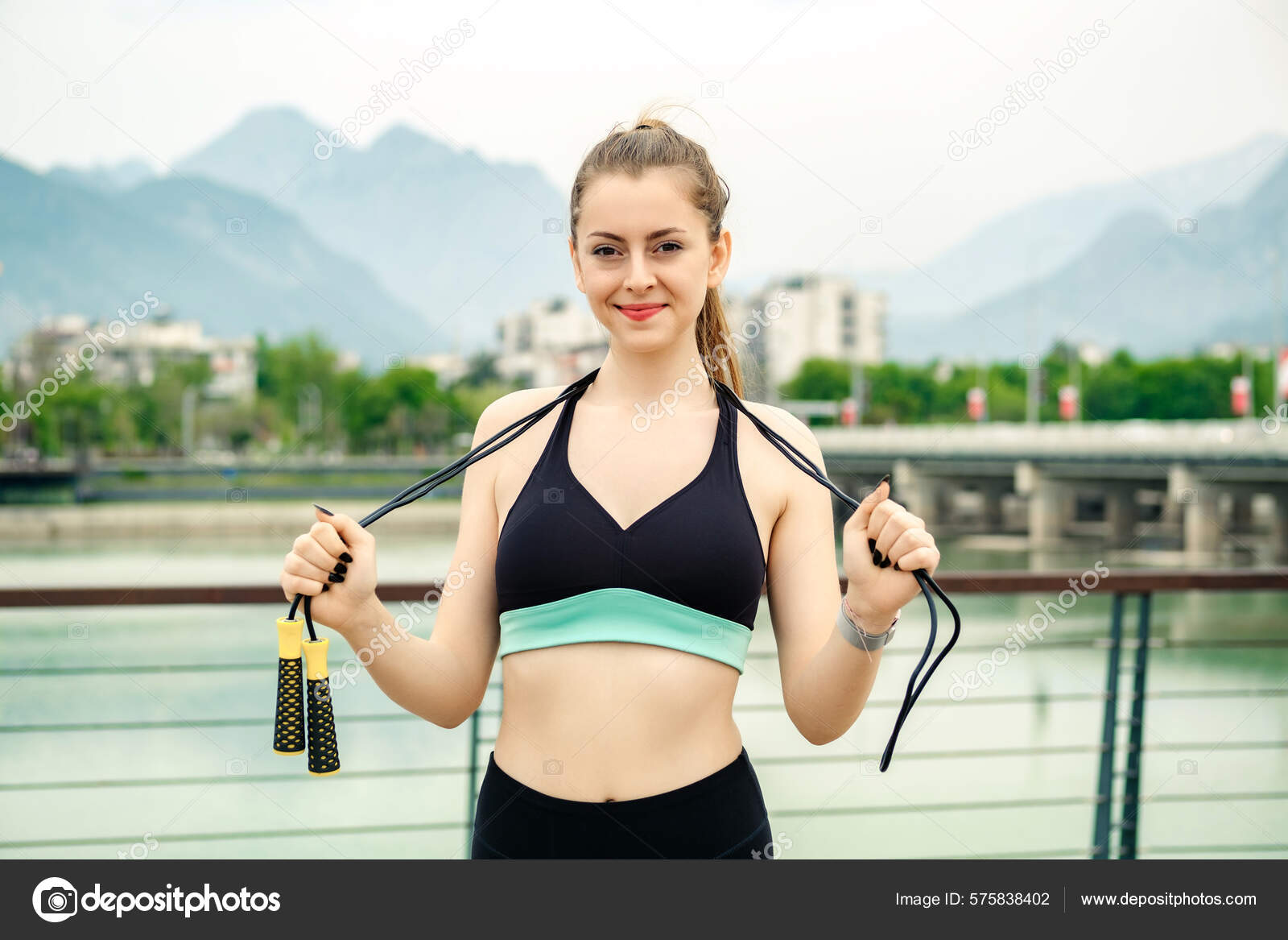Young Woman Smiling Confident Wearing Sports Bra Standing City