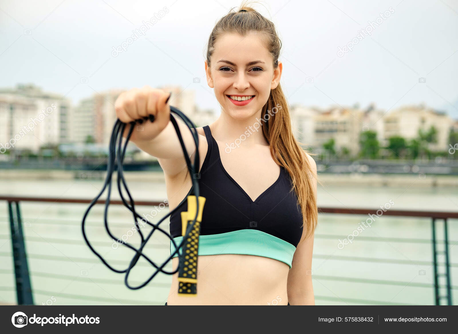 Cute Brunette Woman Wearing Sports Bra Standing City Park Outdoors