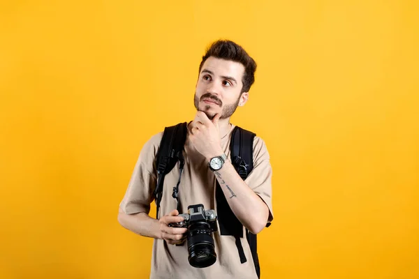 Handsome Caucasian Man Wearing Beige Shirt Posing Isolated Yellow Background — Stock Photo, Image
