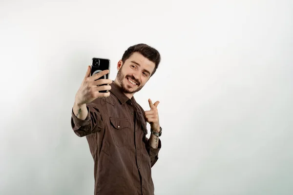 Caucasian Young Man Wearing Shirt Posing Isolated White Background Pointing — Stock Photo, Image