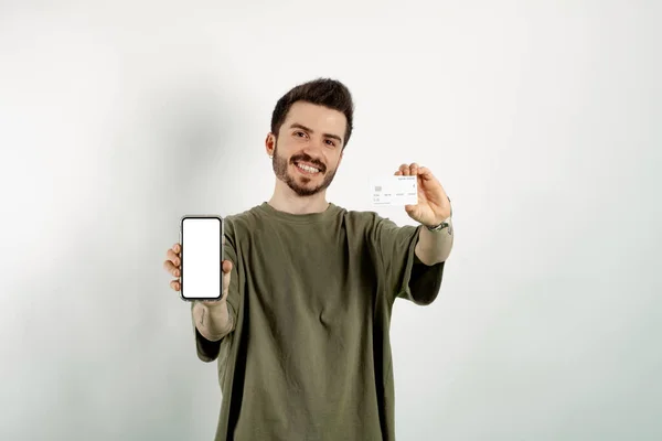 Young Man Smiling Confident Wearing Khaki Tee Posing Isolated White — Stock Photo, Image