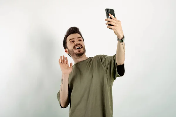 Portrait Cheerful Man Wearing Khaki Shirt Posing Isolated White Background — Stock Photo, Image