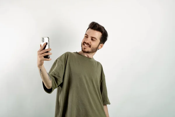 Happy Young Man Wearing Khaki Shirt Posing Isolated White Background — Stock Photo, Image