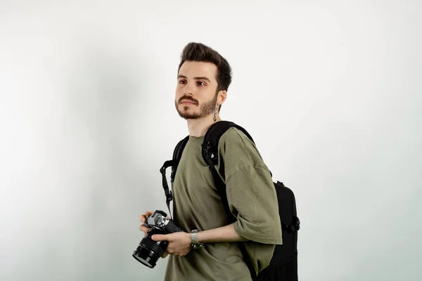 Caucasian Man Wearing Khaki Tee Posing Isolated White Background Posing — Stock Photo, Image