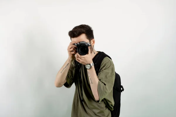 Portrait Young Caucasian Man Wearing Shirt Posing Isolated White Background — Stock Photo, Image