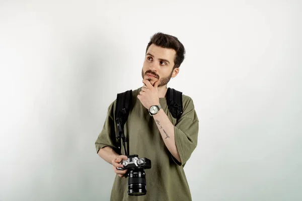 Caucasian Man Wearing Khaki Tee Posing Isolated White Background Serious — Stock Photo, Image