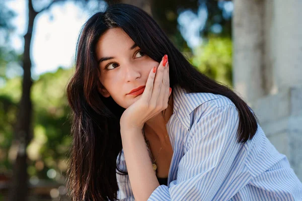 Cute Caucasian Woman Wearing Striped Shirt Standing City Park Outdoors — Fotografia de Stock