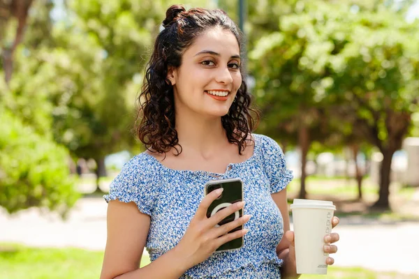 Happy Woman Wearing Summer Dress Standing City Park Outdoors Holding — Foto Stock