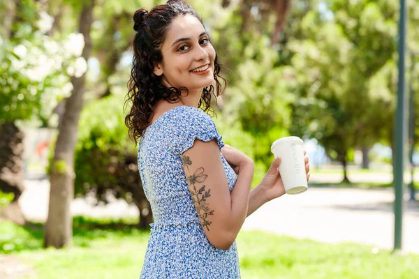 Side View Brunette Woman Wearing Summer Dress Standing City Park — Foto Stock