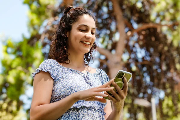 Happy Woman Wearing Summer Dress Standing City Park Outdoors Looking — Foto Stock