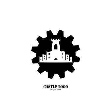 Düz tasarım logo illüstrasyonunda kale simgesi 