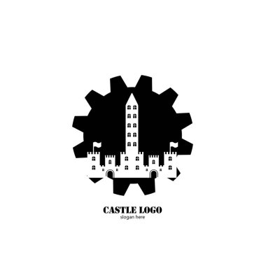 Düz tasarım logo illüstrasyonunda kale simgesi 