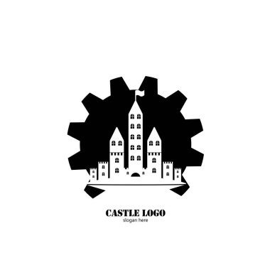 Düz tasarım logo illüstrasyonunda kale simgesi 