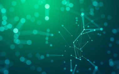 Soyut arkaplan. Çokgen şekilli molekül teknolojisi, noktaları ve çizgileri birleştiriyor. Bağlantı yapısı. Büyük veri görselleştirmesi.