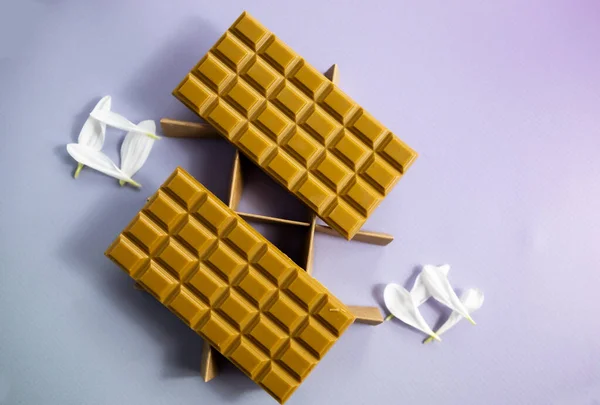 Deux Barres Chocolat Sur Fond Violet Image En Vente