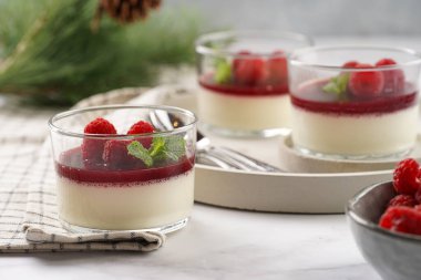 İtalyan sütlü panna cotta ahududu reçeli, taze ahududu ve beton tepside naneli.