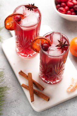 Geleneksel noel içeceği kırmızı kiraz suyu, portakal mandalinası, tarçın çubuğu, buz küpleri ve mermer bir tahtanın üzerinde anason.