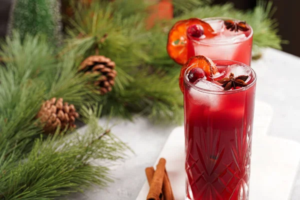 Traditional Christmas Beverage Mulled Wine Red Cherry Juice Orange Tangerines — Stock Photo, Image