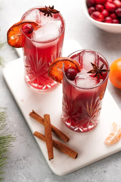 Geleneksel noel içeceği kırmızı kiraz suyu, portakal mandalinası, tarçın çubuğu, buz küpleri ve mermer bir tahtanın üzerinde anason.