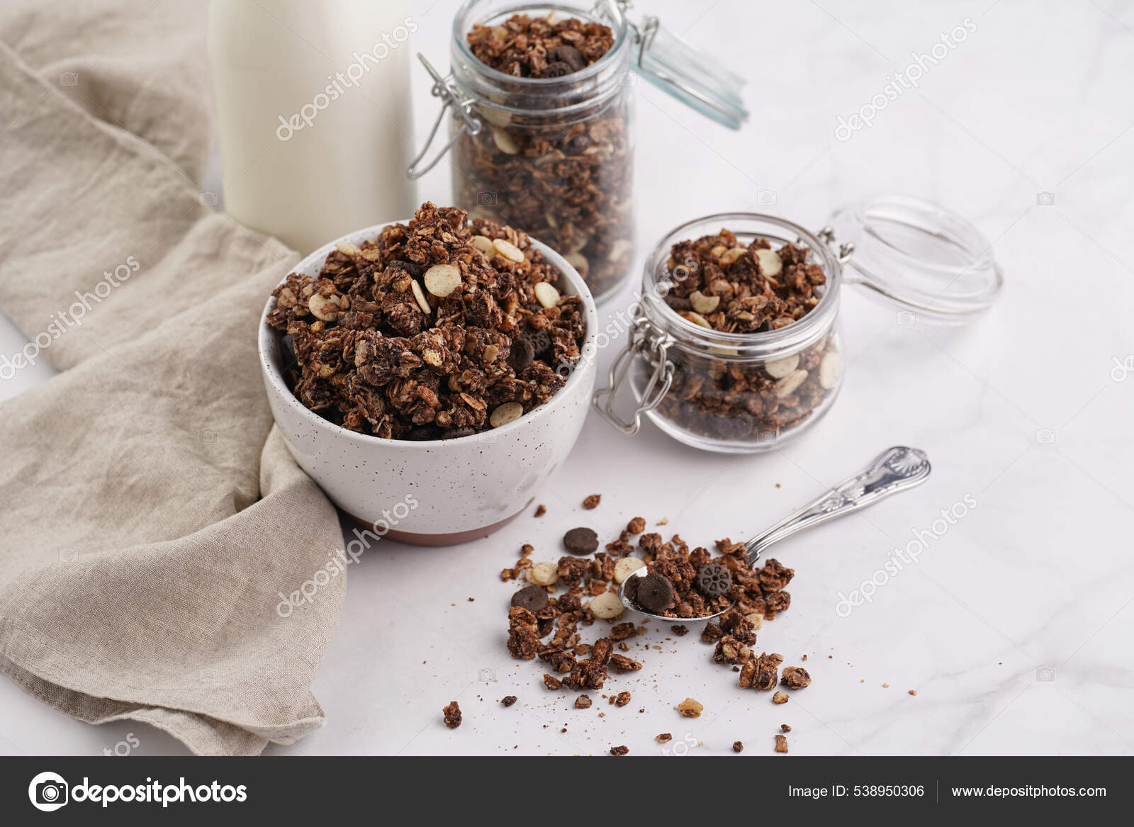 Breakfast Muesli Cereal Chocolate Chips Nuts Several Jars Bowl Bottle