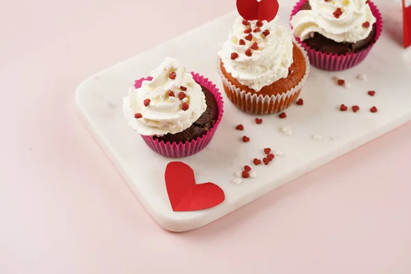 Three Homemade White Chocolate Muffins White Creamy Frosting Heart Shared — Stock Photo, Image
