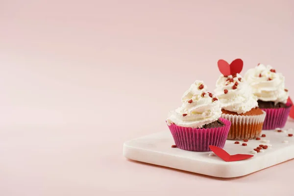 Three Homemade White Chocolate Muffins White Creamy Frosting Heart Shared — Stock Photo, Image