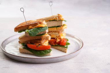 Amerikan yapımı, tofu, çedar peynirli, domates dilimli ve üçgen şeklinde kesilmiş beyaz tarama tabağında ıspanaklı ev yapımı peynirli sandviç. İtalyan Tramezzini