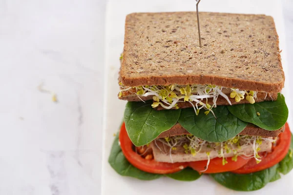 Tasty Vegan Sandwiches Whole Brown Protein Bread Tofu Cheese Tomato — Stock Photo, Image