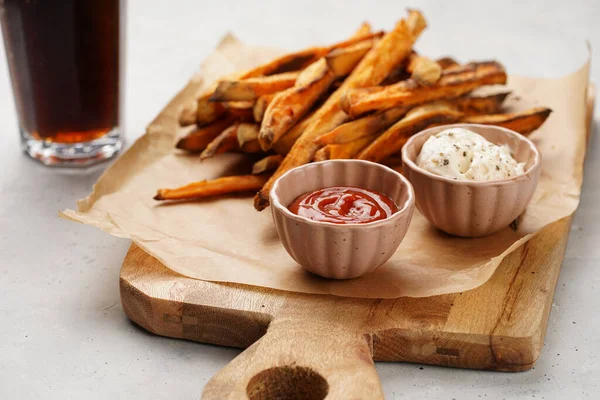 Healthy Homemade Oven Baked Sweet Potato Fries Baking Parchment Wooden — Stock Photo, Image