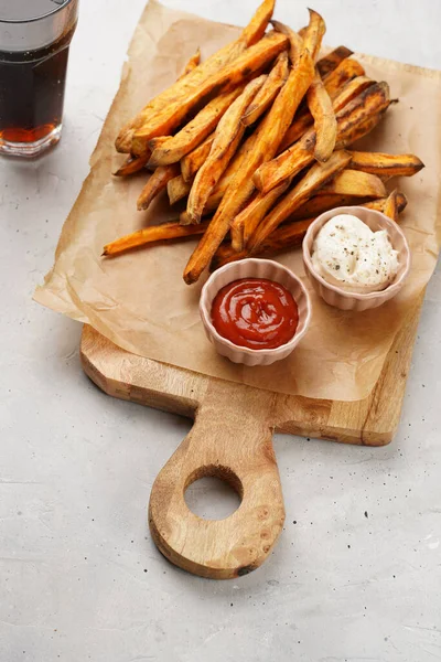 Healthy Homemade Oven Baked Sweet Potato Fries Baking Parchment Wooden — Stock Photo, Image