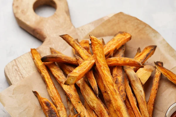 Healthy Homemade Oven Baked Sweet Potato Fries Baking Parchment Wooden — Stock Photo, Image