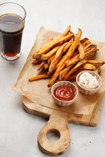 Healthy Homemade Oven Baked Sweet Potato Fries Baking Parchment Wooden — Stock Photo, Image