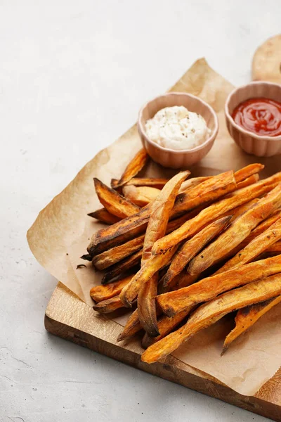 Healthy Homemade Oven Baked Sweet Potato Fries Baking Parchment Wooden — Stock Photo, Image