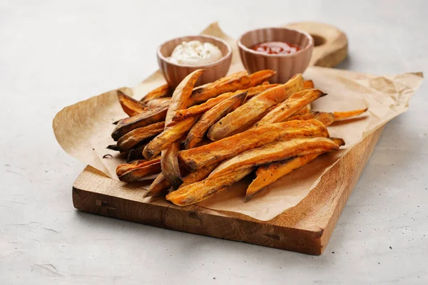 Healthy Homemade Oven Baked Sweet Potato Fries Baking Parchment Wooden — Stock Photo, Image