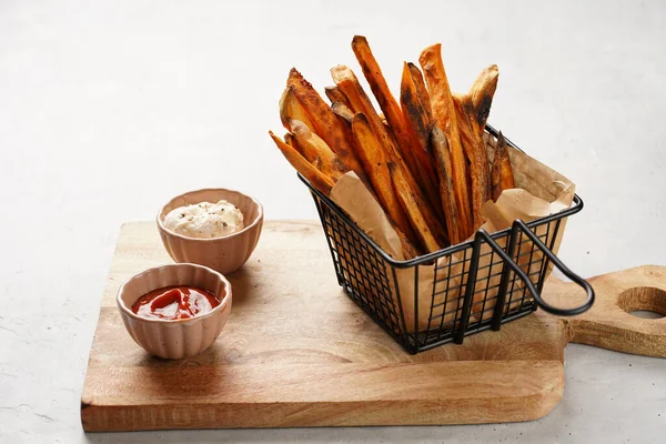 Healthy Homemade Oven Baked Sweet Potato Fries Black Deep Frying — Stock Photo, Image